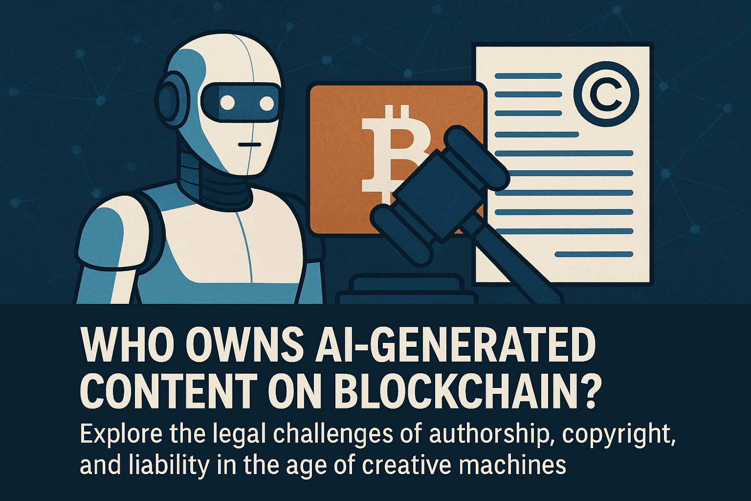 Illustration of a humanoid robot alongside a copyright document, a blockchain symbol featuring the Bitcoin logo, and a judge’s gavel. The scene represents the legal debate around AI-generated content on blockchain. Below, bold text reads: "Who owns AI-generated content on blockchain? Explore the legal challenges of authorship, copyright, and liability in the age of creative machines."